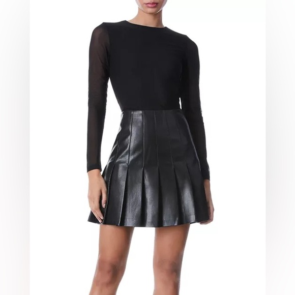 Alice + Olivia Mesh Sleeve Vegan Leather Pleated Mini Dress - Picture 3 of 13